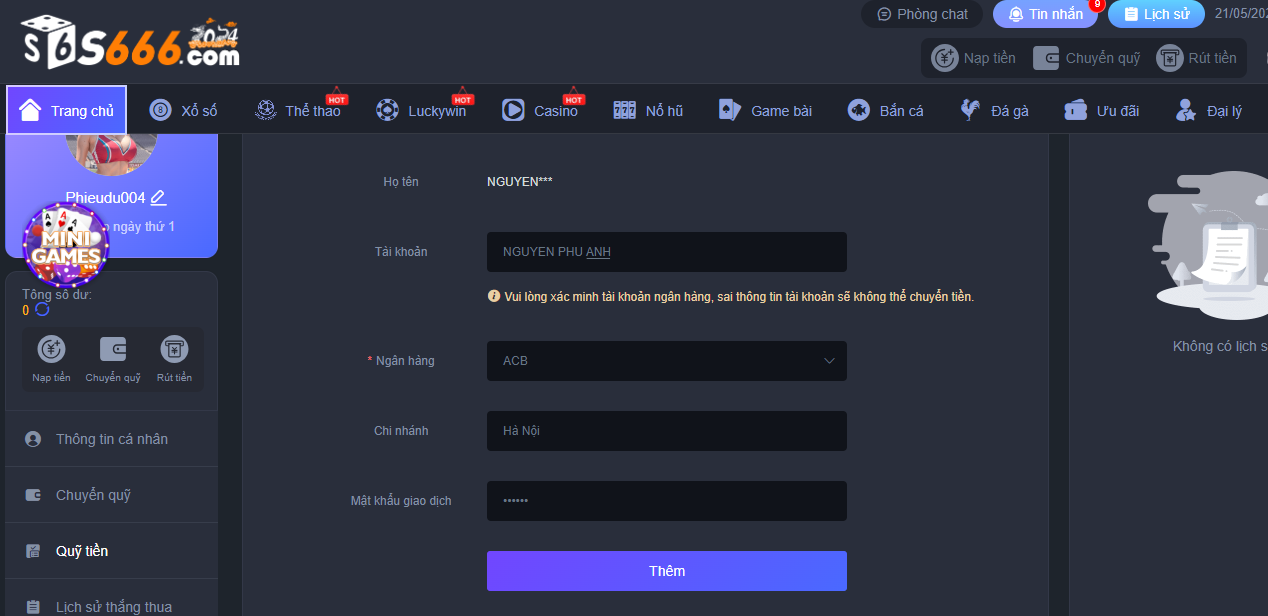 Điền đủ đầy thông tin nếu bạn muốn muốn rút tiền